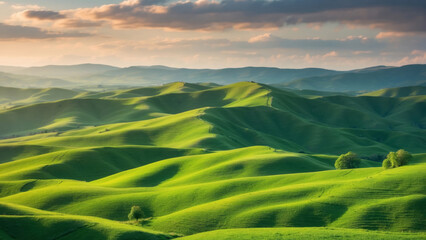 Serene green rolling hills at sunset - 746616173