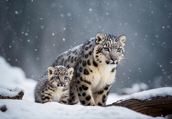 Snow leopard mother and cub under winter snow - 746616183