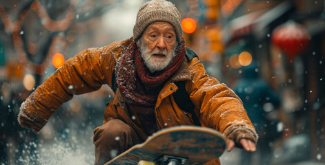 Old man riding skateboard in the snow - obrazy, fototapety, plakaty