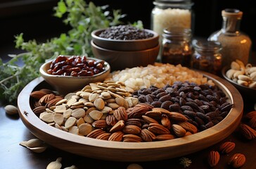 a bowl of spices and nuts from pecans, almond, and pumpkin seed, in the style of sculptural alchemy, use of earth tones, meticulous technique, warmcore, naturecore, raw energy