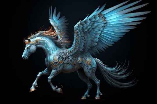 a blue winged horse with gold and orange accents
