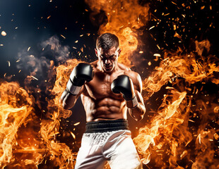 Boxer in black boxing gloves fighting in fire - 746616301