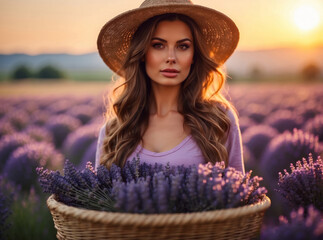 Woman at lavender fields at sunset - 746616321