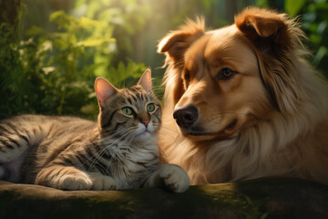 a peaceful morning as a dog and a cat lie together on a bed of lush green grass