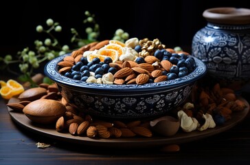 a bowl with nuts, seeds, and other ingredients, in the style of light bronze and navy, organic material