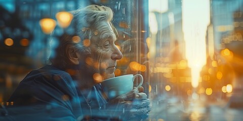 A senior Caucasian man, his hair now a soft blonde, embraces a serene coffee moment within a double exposure image. - obrazy, fototapety, plakaty