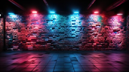a brick wall and the lights on the wall, in the style of light red and blue, rtx on, punk rock aesthetic, vibrant stage backdrops, light aquamarine and red, commission for, dark pink and dark blue - obrazy, fototapety, plakaty