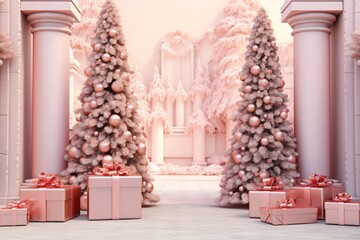 a group of pink presents and trees