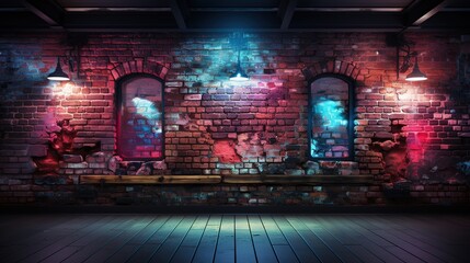 a brick wall and the lights on the wall, in the style of light red and blue, rtx on, punk rock aesthetic, vibrant stage backdrops, light aquamarine and red, commission for, dark pink and dark blue - obrazy, fototapety, plakaty