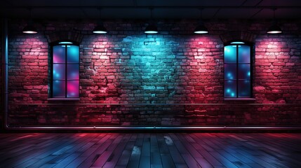 a brick wall and the lights on the wall, in the style of light red and blue, rtx on, punk rock aesthetic, vibrant stage backdrops, light aquamarine and red, commission for, dark pink and dark blue