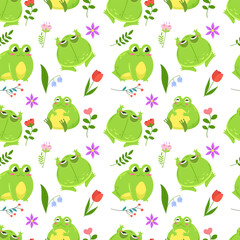 Seamless pattern of cute green frogs surrounded by spring flowers. Kawaii characters. Pattern wrapper on white background