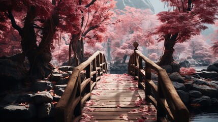 a bridge is leading to another pink forest, photo-realistic techniques, webcam photography, colorized, subdued colors, high quality photo