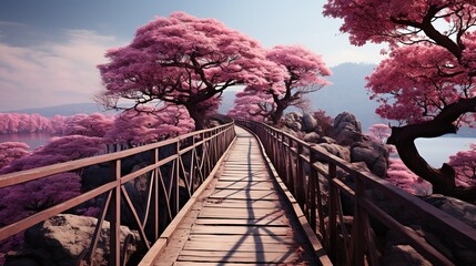 a bridge is leading to another pink forest, photo-realistic techniques, webcam photography, colorized, subdued colors, high quality photo