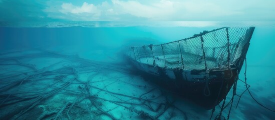 A ship sits in the water, adorned with a net that drapes over its sides. The blue sea serves as the backdrop, emphasizing the vessel and the mesh fence it carries. - Powered by Adobe
