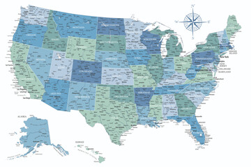 United States - Highly Detailed Vector Map of the USA. Ideally for the Print Posters. Blue Green White Colors