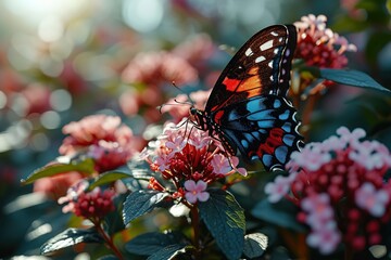 a bright and colorful butterfly resting on a pink flower, in the style of dark navy and dark black, unreal engine 5, naturalistic poses, animated gifs, uhd image