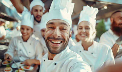 A happy smiling chef team in chef clothes