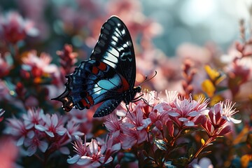 a bright and colorful butterfly resting on a pink flower, in the style of dark navy and dark black, unreal engine 5, naturalistic poses, animated gifs, uhd image