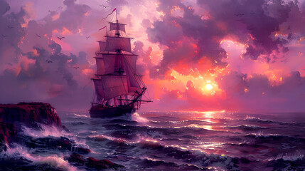 A painting of a ship sailing in the ocean at sunset. Ai generated. - obrazy, fototapety, plakaty