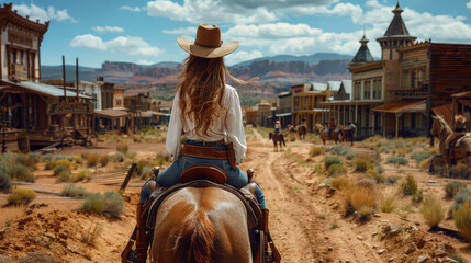 wild west town, Woman dressed as a cowboy on a horse - obrazy, fototapety, plakaty
