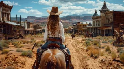 Selbstklebende Fototapeten wild west town, Woman dressed as a cowboy on a horse © ZoomTeam