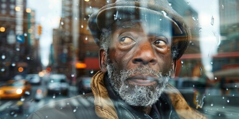 A senior African American man, with his distinguished black hair, savors a tranquil coffee moment within a double exposure image.