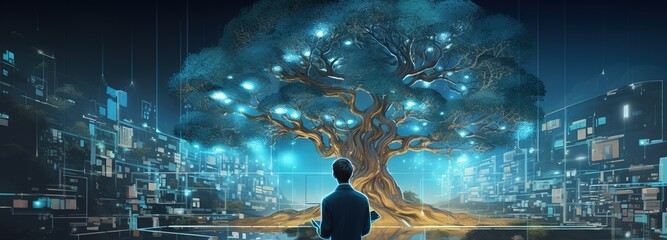 a businessman using a smartphone over the tree of digital information, in the style of industrial machinery aesthetics, luminous brushwork, light navy and azure, shaped canvas, high speed sync