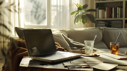 Home office workspace with laptop on comfortable sofa. Notebook, glass of water. Morning work, business concept. Sunlight shadows on table