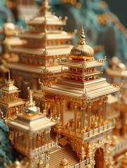 Ethereal Gold Architecture: Chinese ancient attic，Surreal 3D Landscapes with Intricate Weaving and Miniature Sculptures