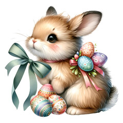 Fototapeta na wymiar Bunny with ribbon Easter egg Watercolor
