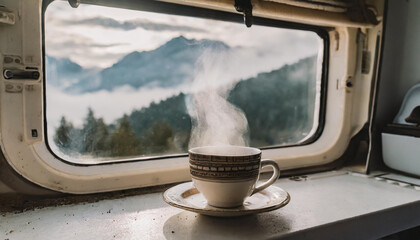 Cup of coffee on window sill of campervan and scenic view. Cooking hot tea drink in nature camping