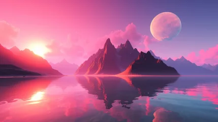 Gordijnen A surreal minimalistic landscape with mountains and a lake with reflection. Pink clouds in the sky above the mountains © CaptainMCity