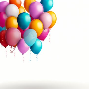 A vibrant arrangement of colorful birthday balloons floating against a white background, with ample copy space.