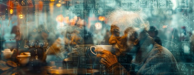 A senior Indian man, his demeanor reflecting wisdom and experience, savors a tranquil coffee moment within a double exposure image.