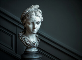 a marble bust of a young girl with a  sculpted crown on her head mounted on a mansion's staircase - 746619562