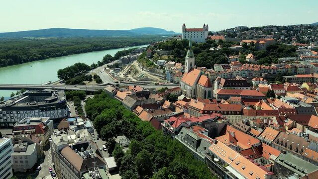 Drone flying at Bratislava Castle or Bratislavsky Hrad. Bratislava Castle is the main castle of Bratislava, capital of Slovakia. Aerial view of city skyline from drone
