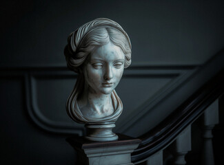 a marble bust of a young girl mounted on a mansion's staircase - 746619789
