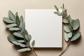 Empty white blank and eucalyptus leaves frame top view on beige background with copy space. Floral frame presentation template. Greeting Card mock up. 