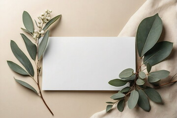 Empty white blank and eucalyptus leaves frame top view on beige background with copy space. Floral frame presentation template. Greeting Card mock up. 