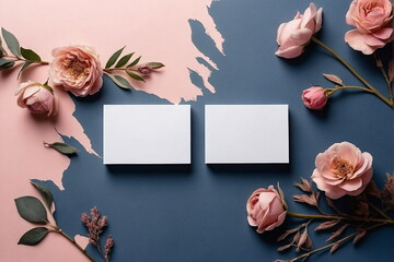 Business card mockup, invitations and beautiful pink  flowers on dark blue background . copy space. Empty blank sheet card mock up 