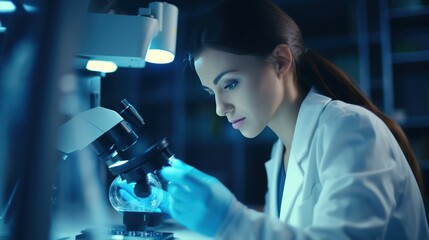 A female scientist carefully examining specimens under a microscope in the laboratory.