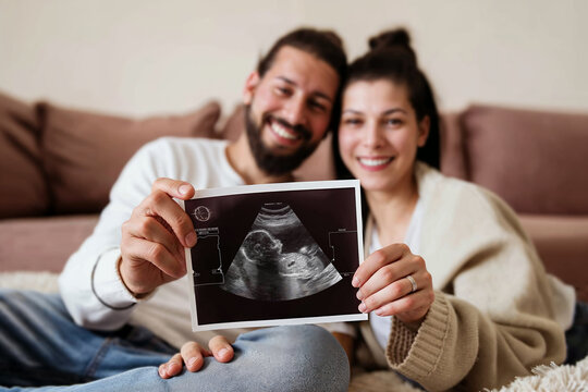 Expectant couple sharing sonogram picture at home

