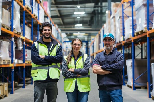 Diverse warehouse team in high-visibility vests

