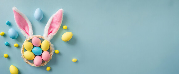 Easter banner with painted eggs and bunny ears on isolated pastel blue background. Copy space.	