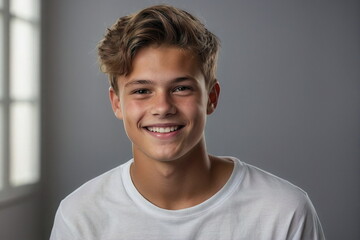 Obraz premium Young smilling man, teenager male portrait looking at camera on grey background with copy space.