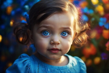 Cute baby girl with blue eyes closeup portrait. Adorable little child .