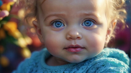 Cute baby girl with blue eyes closeup portrait. Banner. Adorable little child .