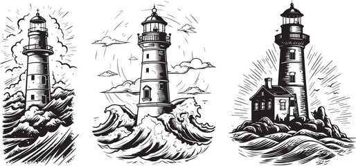 lighthouses, engraving sketch decorative laser cutting vector - obrazy, fototapety, plakaty