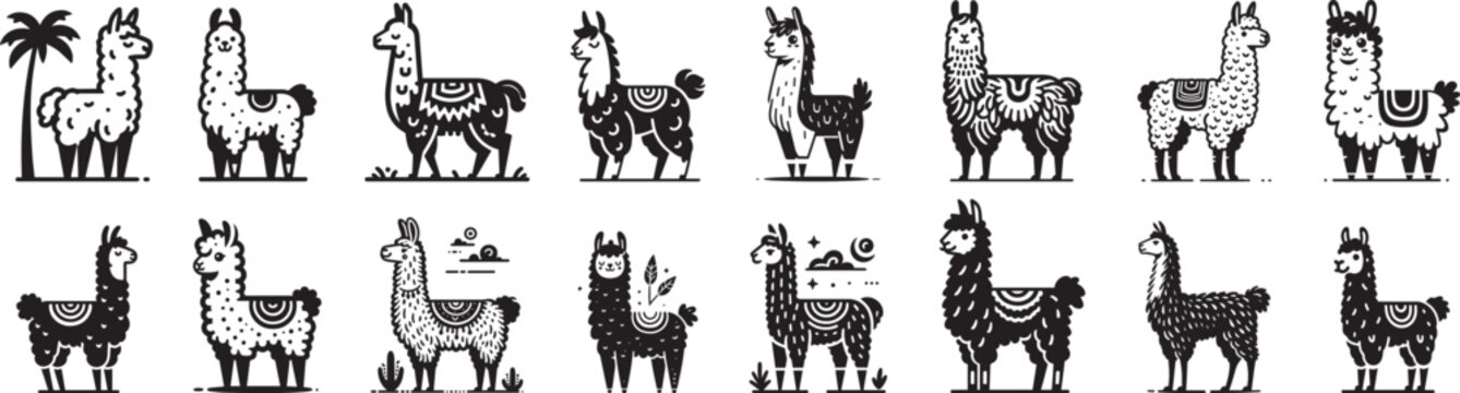 cool funny llamas, cartoon characters collection set