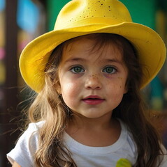 Cute little girl with freckles on a city street background. Summer vibes. Happy baby girl in yellow hat.